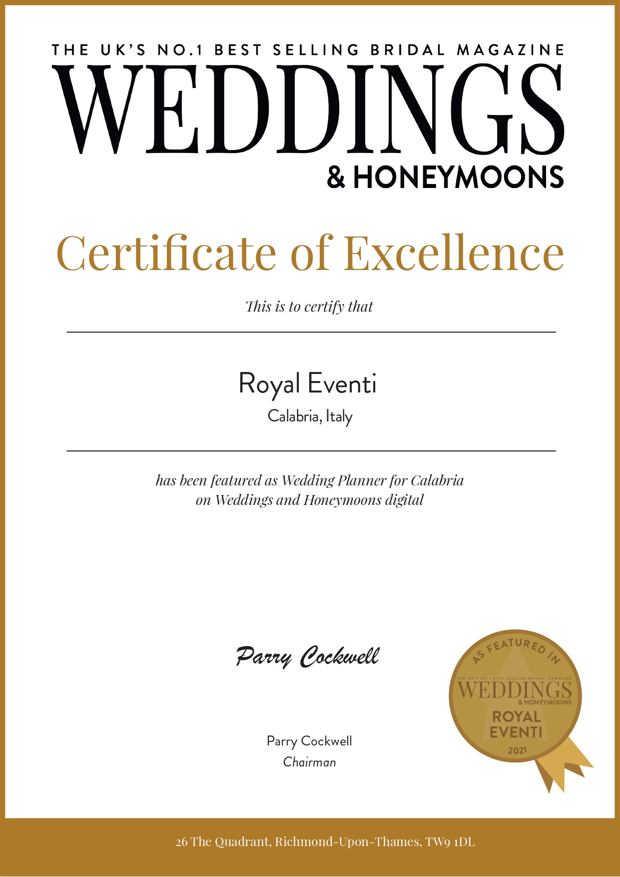 Royal Eventi nella Gold List degli esclusivi vendors.. Weddings & Honeymoons magazine 